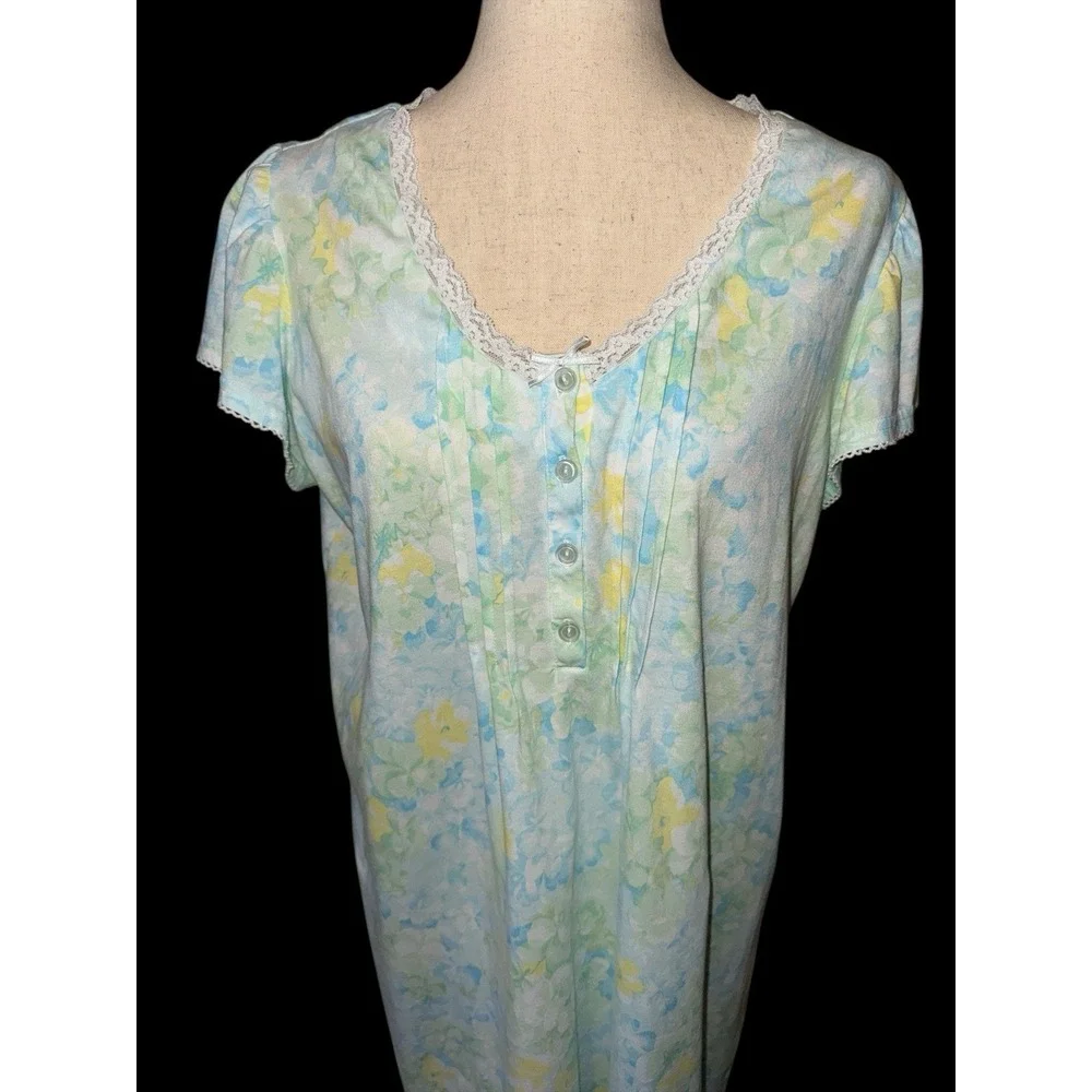 Miss Elaine Nightgown Womens Large Blue Floral Lace Trim Short Sleeve Knit Gown